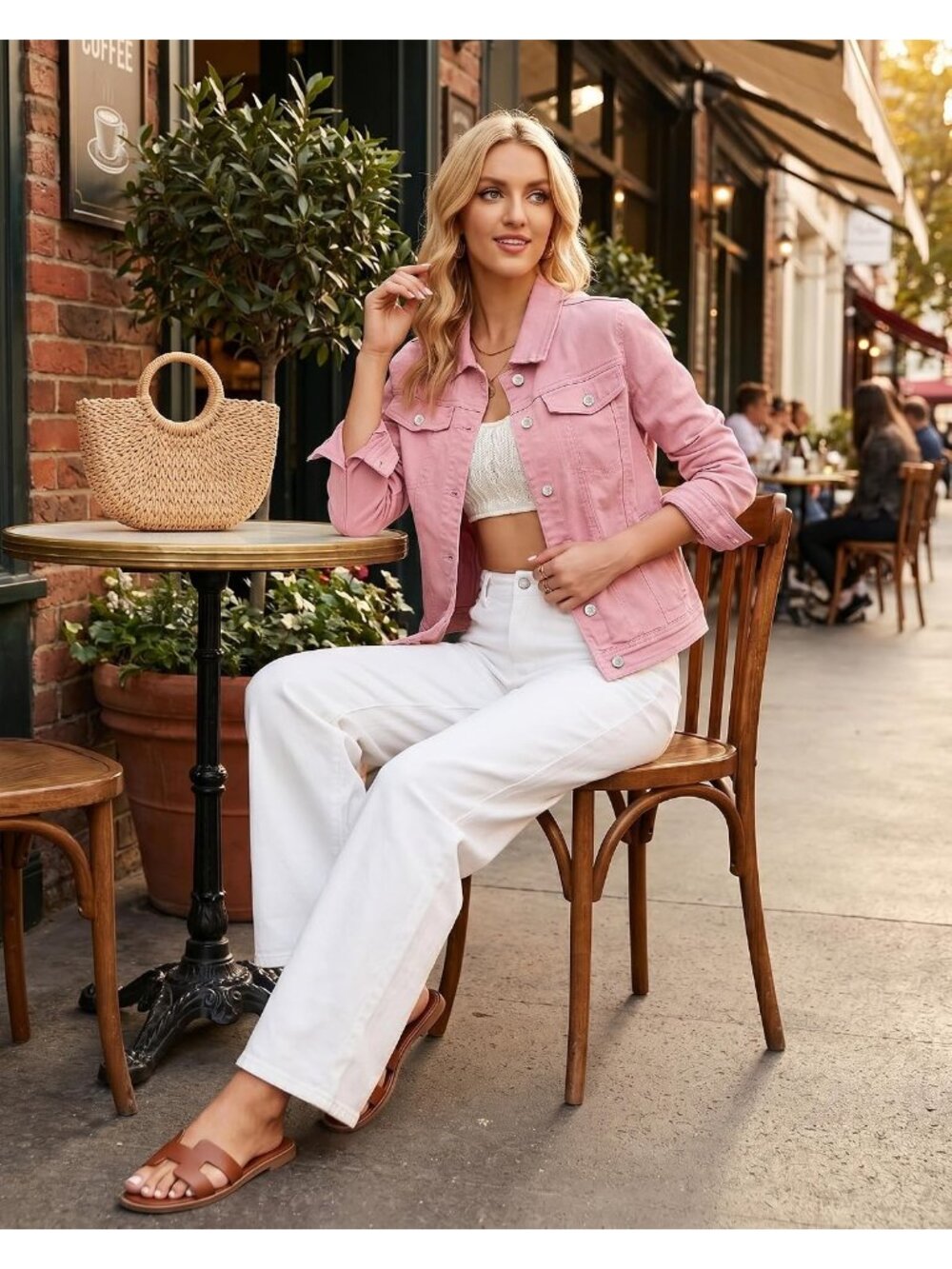 Women's Pink Basic Button Down Stretch Fitted Long Sleeves Denim Jean Jacket - Picture 4 of 6
